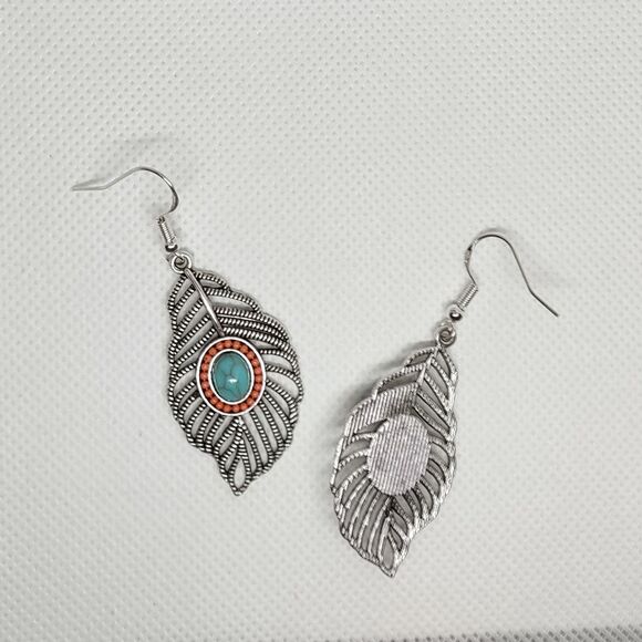 Boho Feather Turquoise Stone Dangle Statement Earrings Drop Cutout Chandelier - Picture 5 of 8